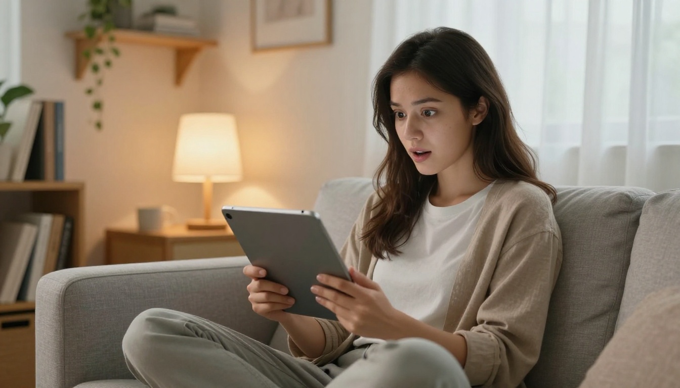 A young woman relaxing on a sofa, using a tablet to explore AI tools at home