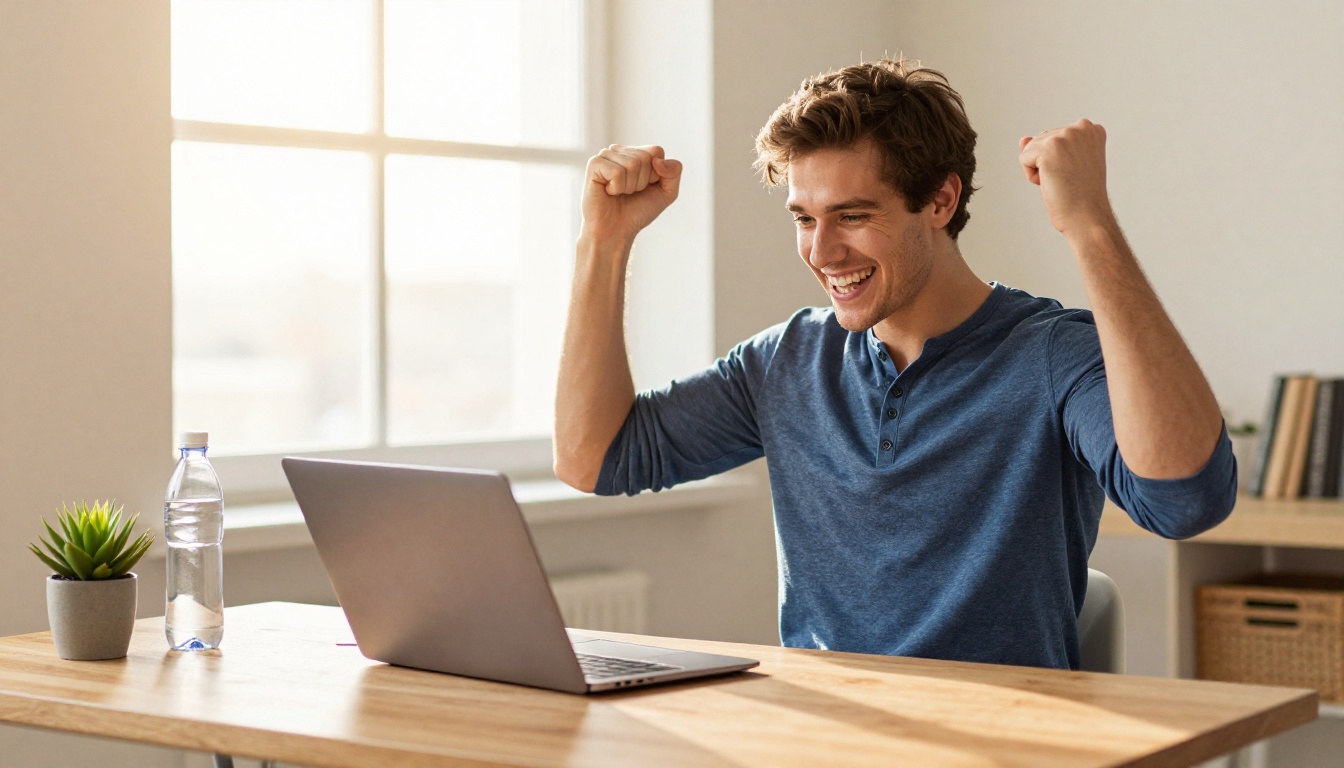Person celebrating their first successfully generated AI video at their desk