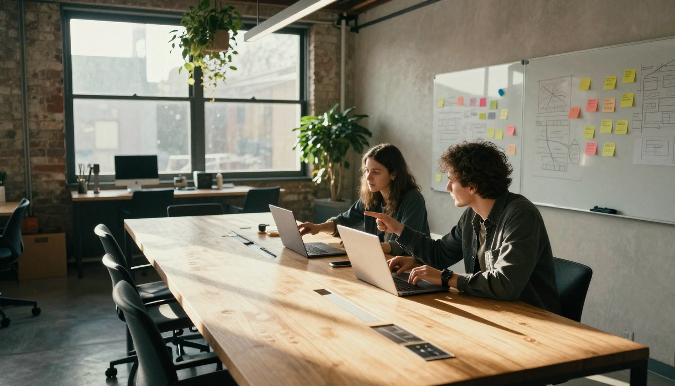 A bright modern co-working space with two people collaborating on laptops, surrounded by sticky notes and whiteboards
