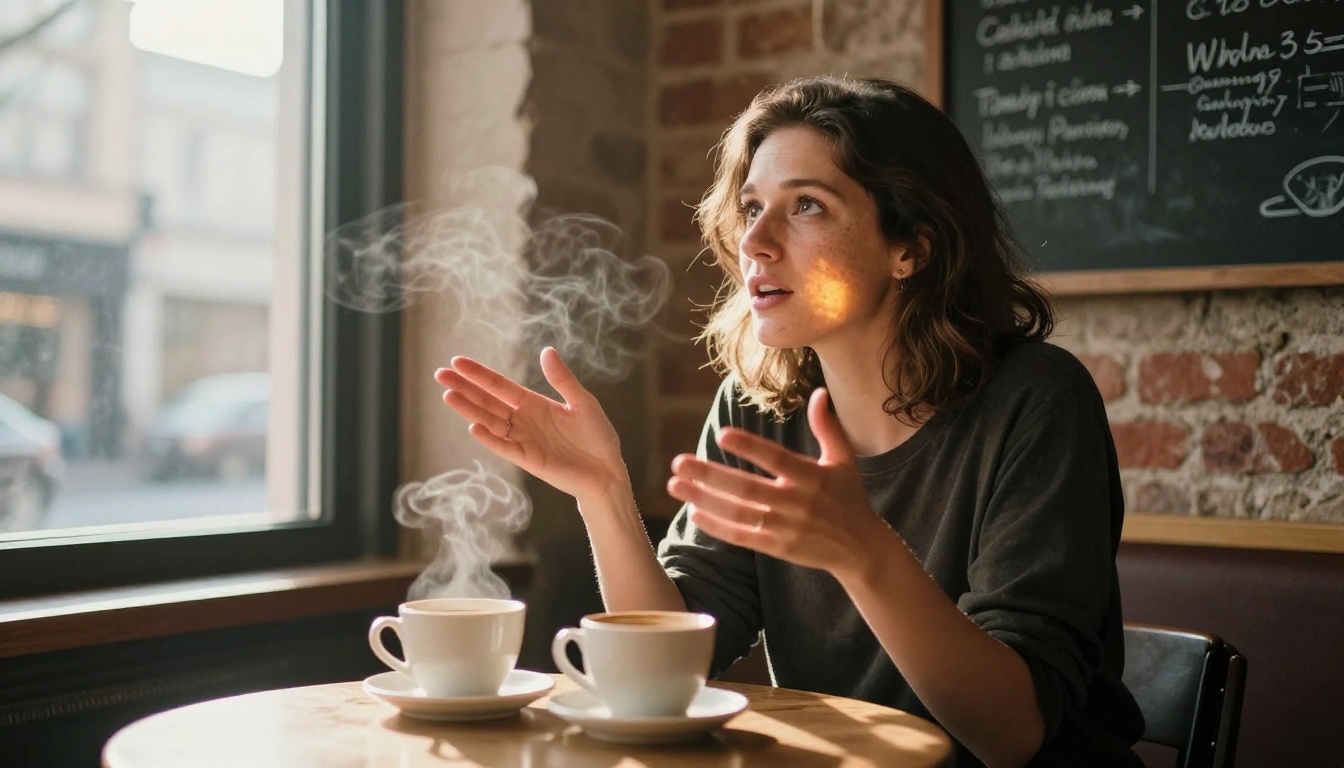 Two people talking at a cafe table, discussing ideas over coffee in warm afternoon light