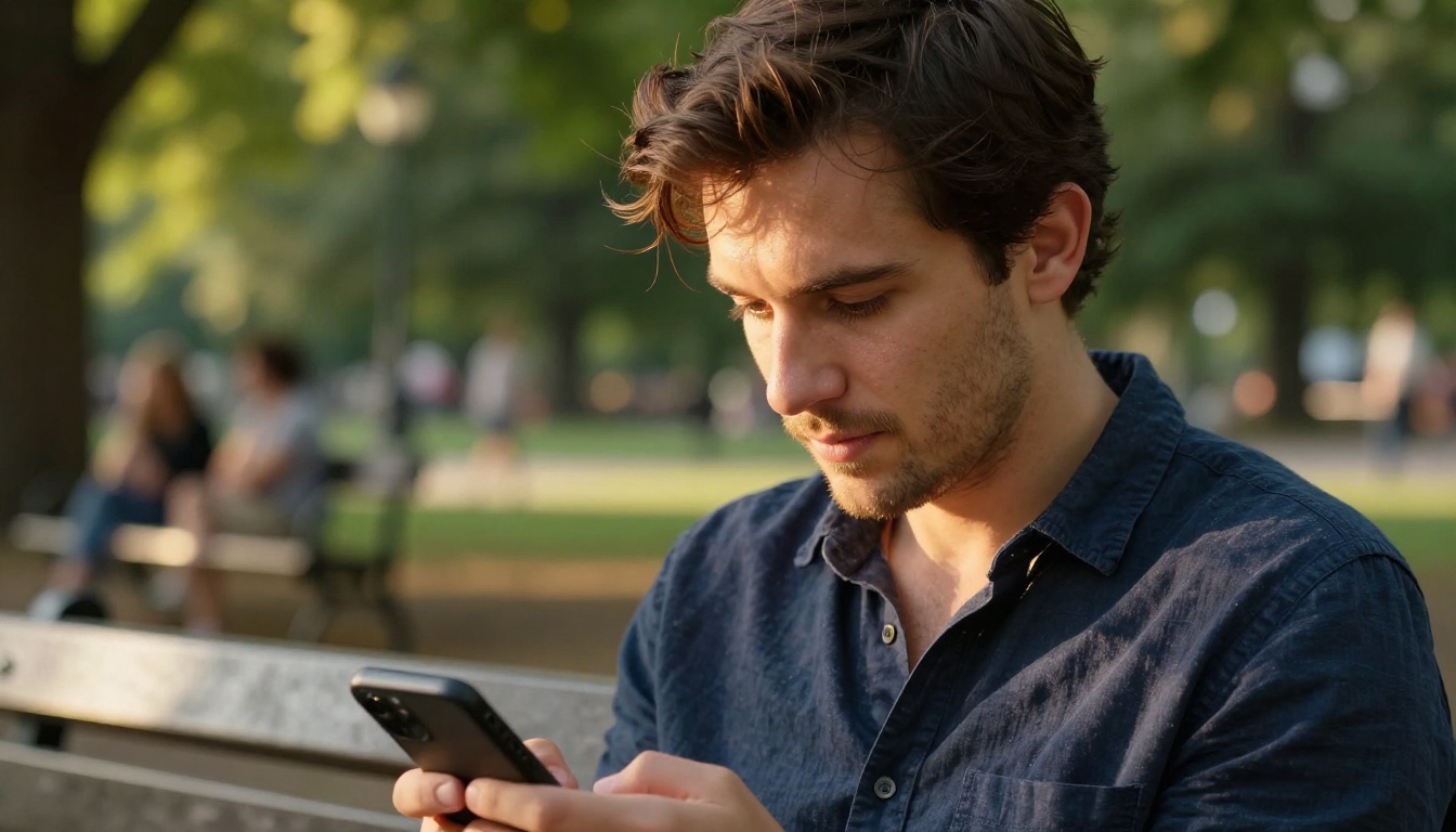 A man sitting on a park bench in dappled sunlight, looking at his smartphone with a calm expression
