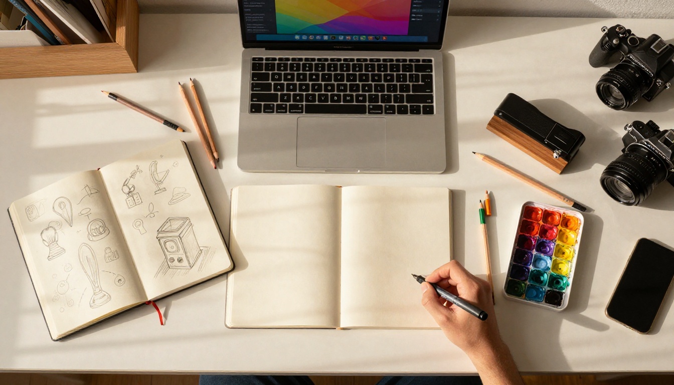 An overhead view of a creative desk with sketchbooks, colored pencils, and a laptop displaying a colorful digital canvas