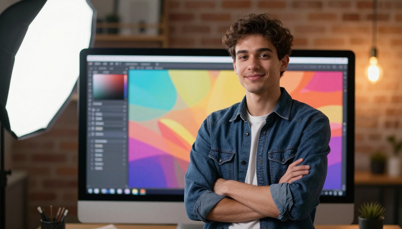 A young creative professional standing in front of a large monitor displaying a vibrant AI-generated image, arms crossed with a satisfied expression