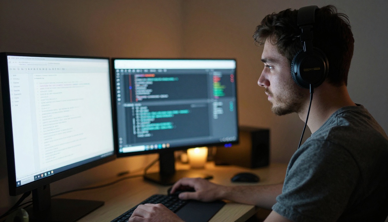 A young man at a dual-monitor home office setup at night, one screen showing a Jupyter notebook and the other showing data charts
