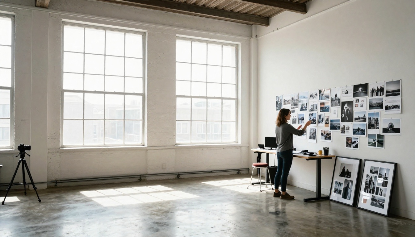 A woman in a sunlit creative studio reviewing printed photographs pinned to a mood board