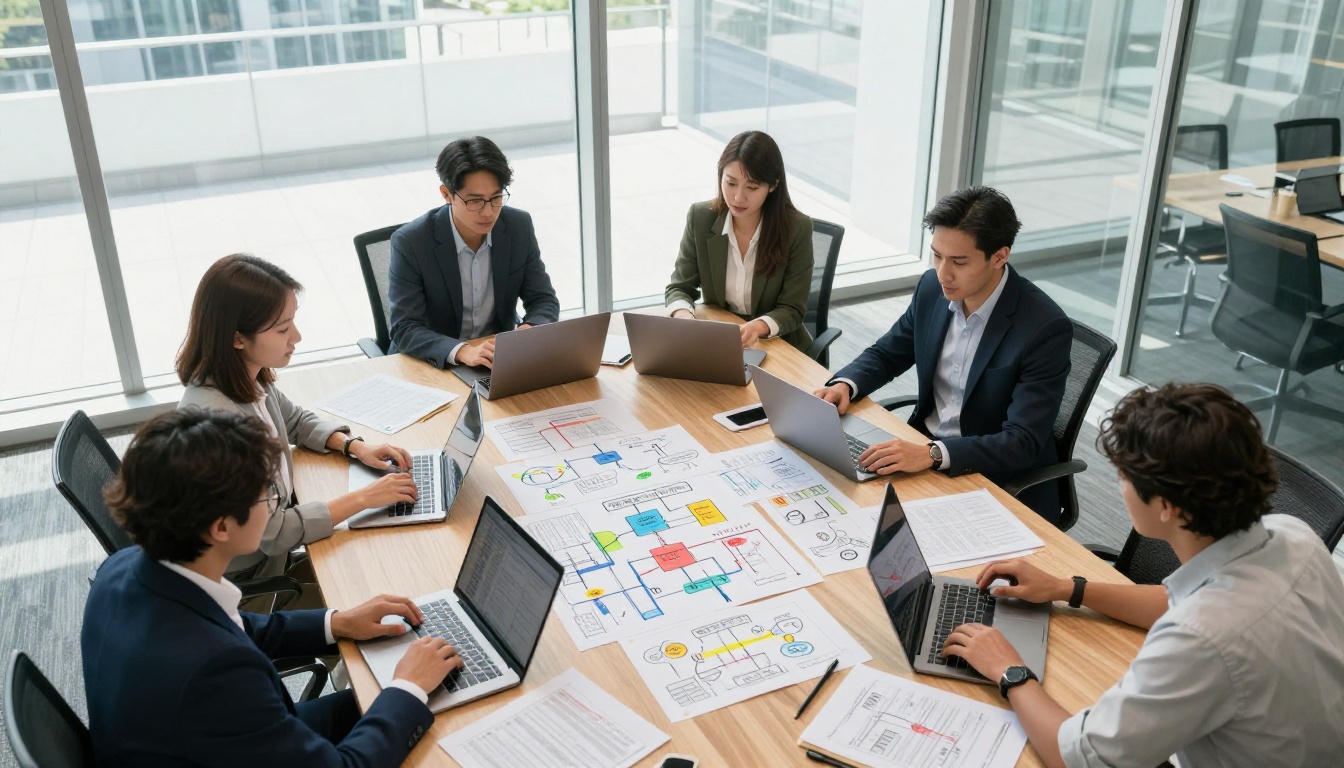 An overhead view of a diverse team working together around a conference table covered in data reports, laptops, and flowchart sketches