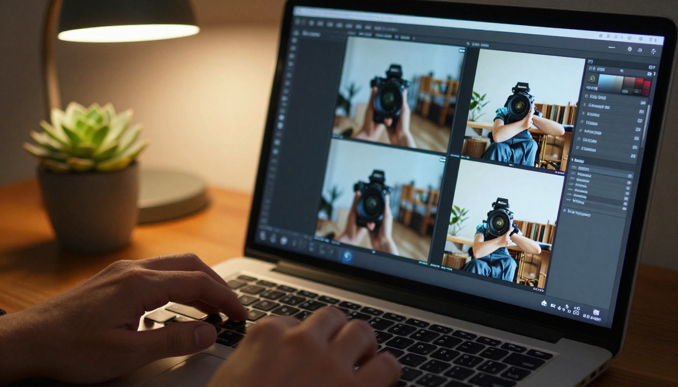 A laptop screen showing a before-and-after comparison of an AI-upscaled image, with a hand resting on the desk beside it