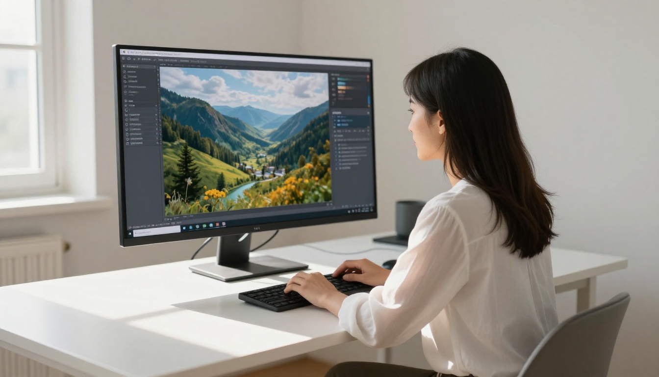 A woman at a bright minimalist desk using an AI image generation interface with a photorealistic image rendering on the screen behind her