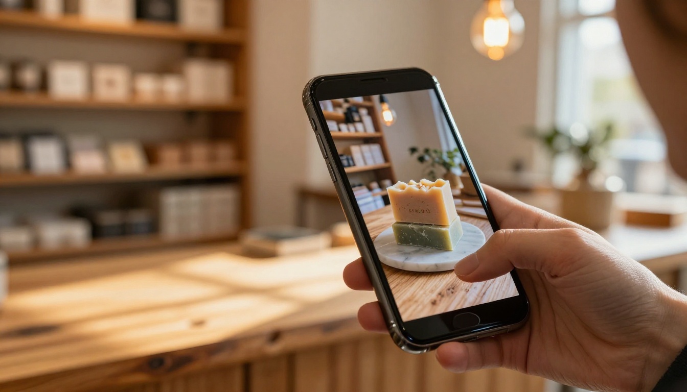 A woman holding a smartphone displaying a beautifully AI-enhanced product photo inside her cozy artisan shop A woman holding a smartphone displaying a beautifully AI-enhanced product photo inside her cozy artisan shop