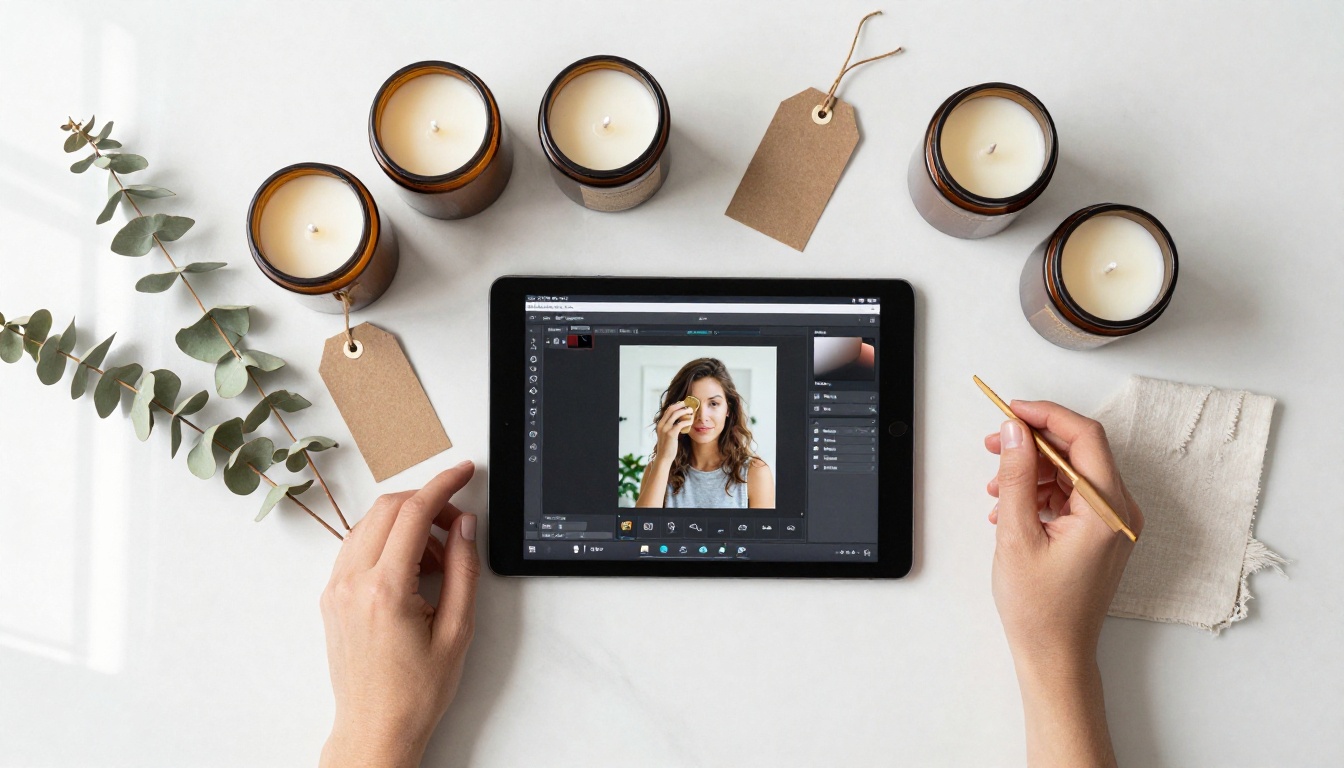 Aerial overhead flat-lay of a product photography setup with a tablet showing an AI background removal tool active Aerial overhead flat-lay of a product photography setup with a tablet showing an AI background removal tool active