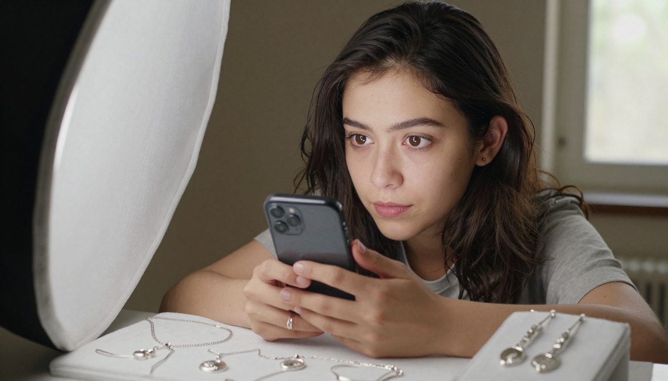 A woman kneeling with a smartphone photographing handmade silver jewelry on white velvet with a ring light A woman kneeling with a smartphone photographing handmade silver jewelry on white velvet with a ring light