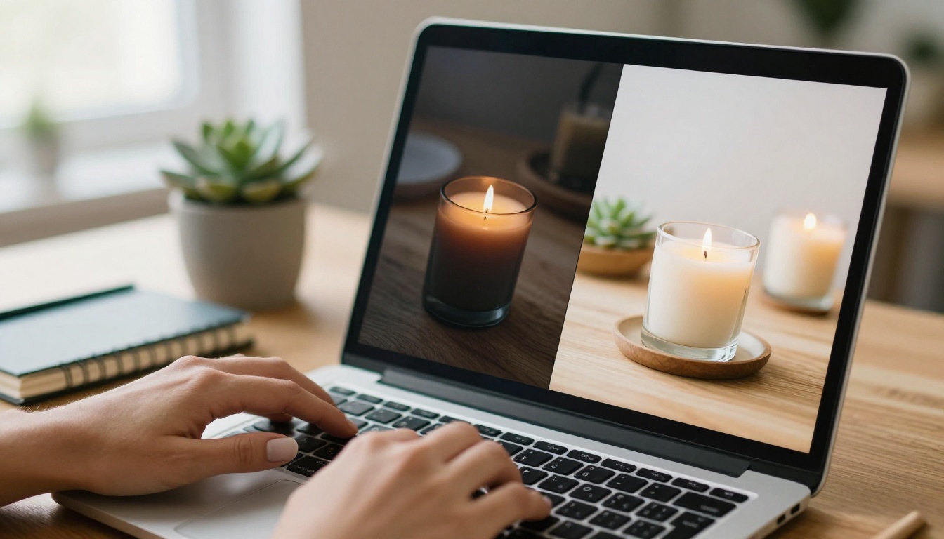 Close-up of hands typing on a laptop showing a before and after split-screen of an AI-enhanced product photo Close-up of hands typing on a laptop showing a before and after split-screen of an AI-enhanced product photo
