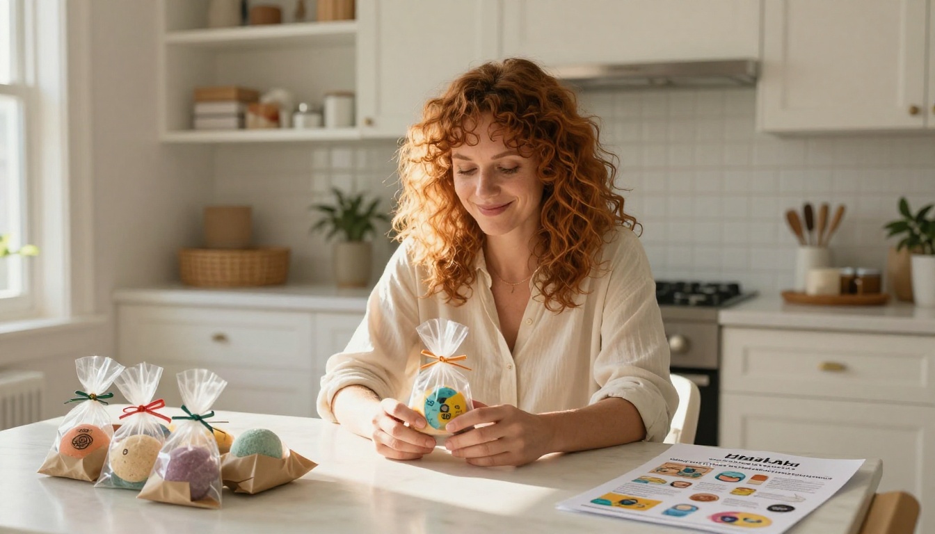 A woman packaging handmade bath bombs beside a printed AI-generated marketing flyer with bright colorful product photos