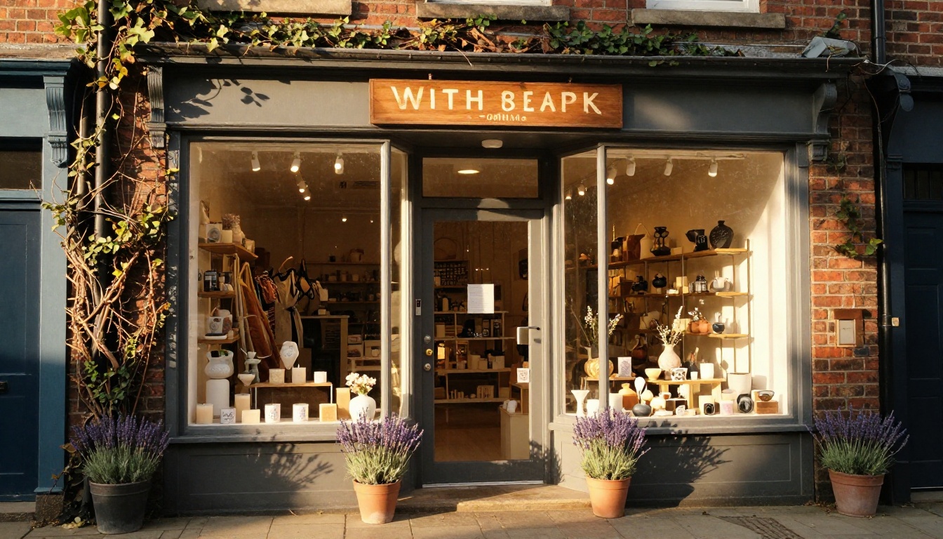 Charming artisan boutique storefront with a beautifully lit window display of handmade candles, soaps, and ceramics