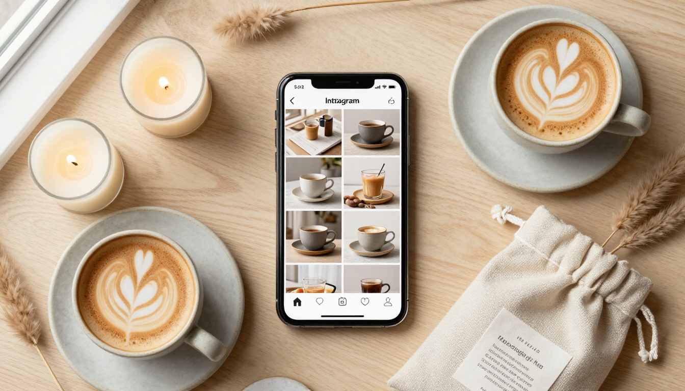 Overhead flat-lay of a smartphone showing a cohesive Instagram product grid surrounded by handmade candles and styling props Overhead flat-lay of a smartphone showing a cohesive Instagram product grid surrounded by handmade candles and styling props