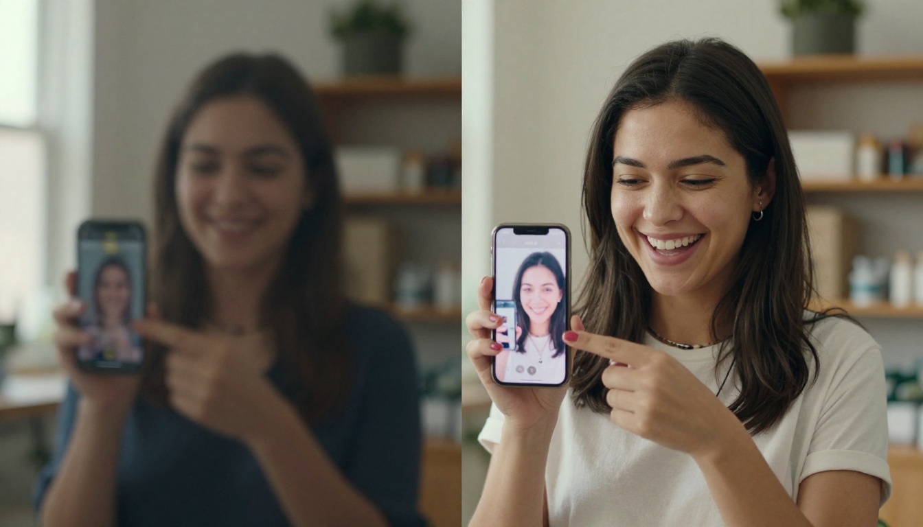 Portrait of a woman showing genuine pride holding her phone with a before and after product photo transformation visible on screen