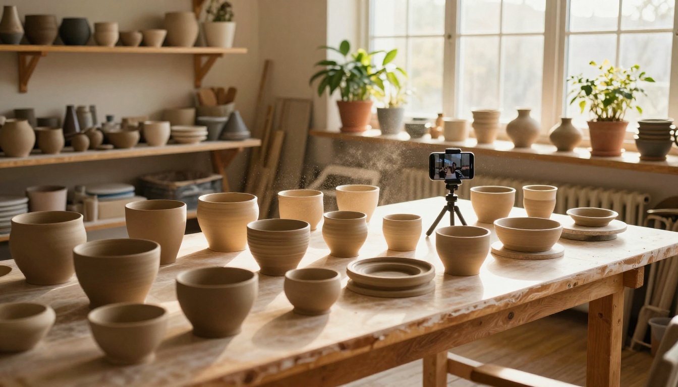 A warm craft studio with handmade pottery arranged on a white photography sweep with a smartphone on a small tripod