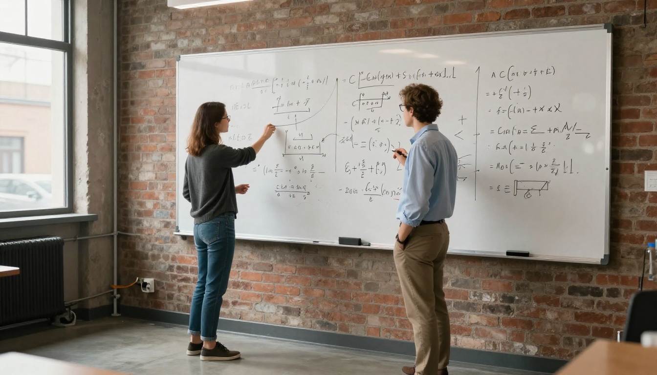 Researchers at whiteboard working on AI model equations
