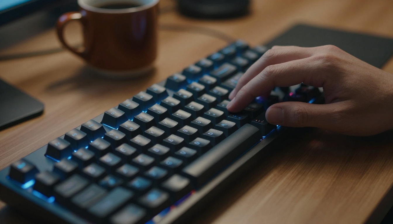 Hands typing on a mechanical keyboard with cool monitor glow and coffee mug nearby