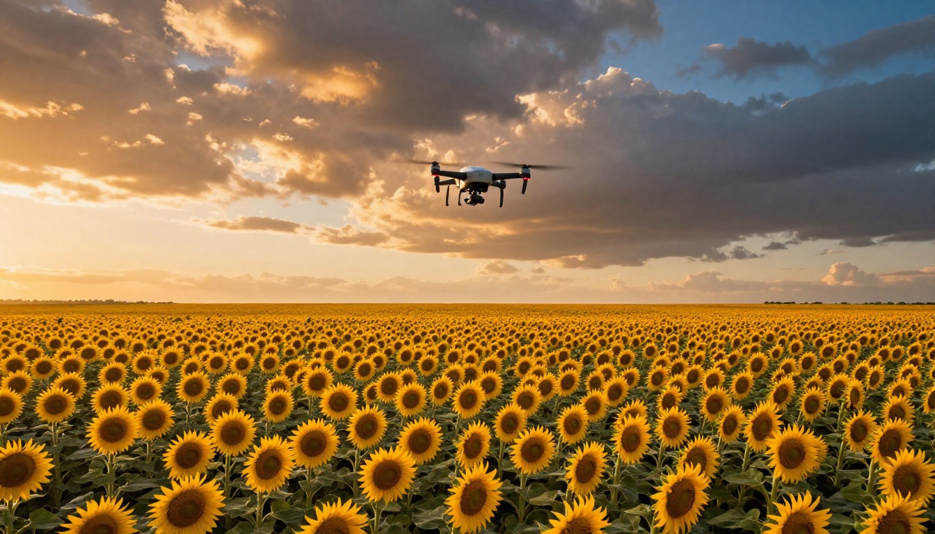 Aerial view of a vast sunflower field at golden hour with dramatic backlit clouds