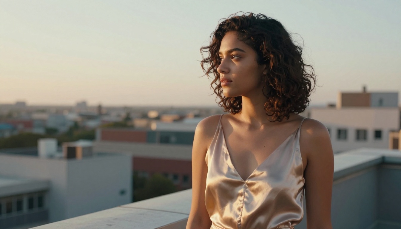 Portrait of a young woman on a rooftop terrace at sunrise with flowing champagne silk dress
