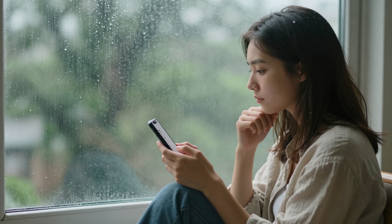 Woman using smartphone with AI chat interface on a rainy day
