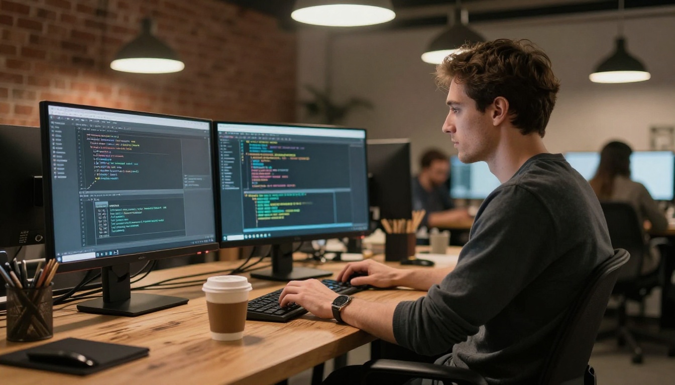 Software developer working with AI tools on dual monitor setup