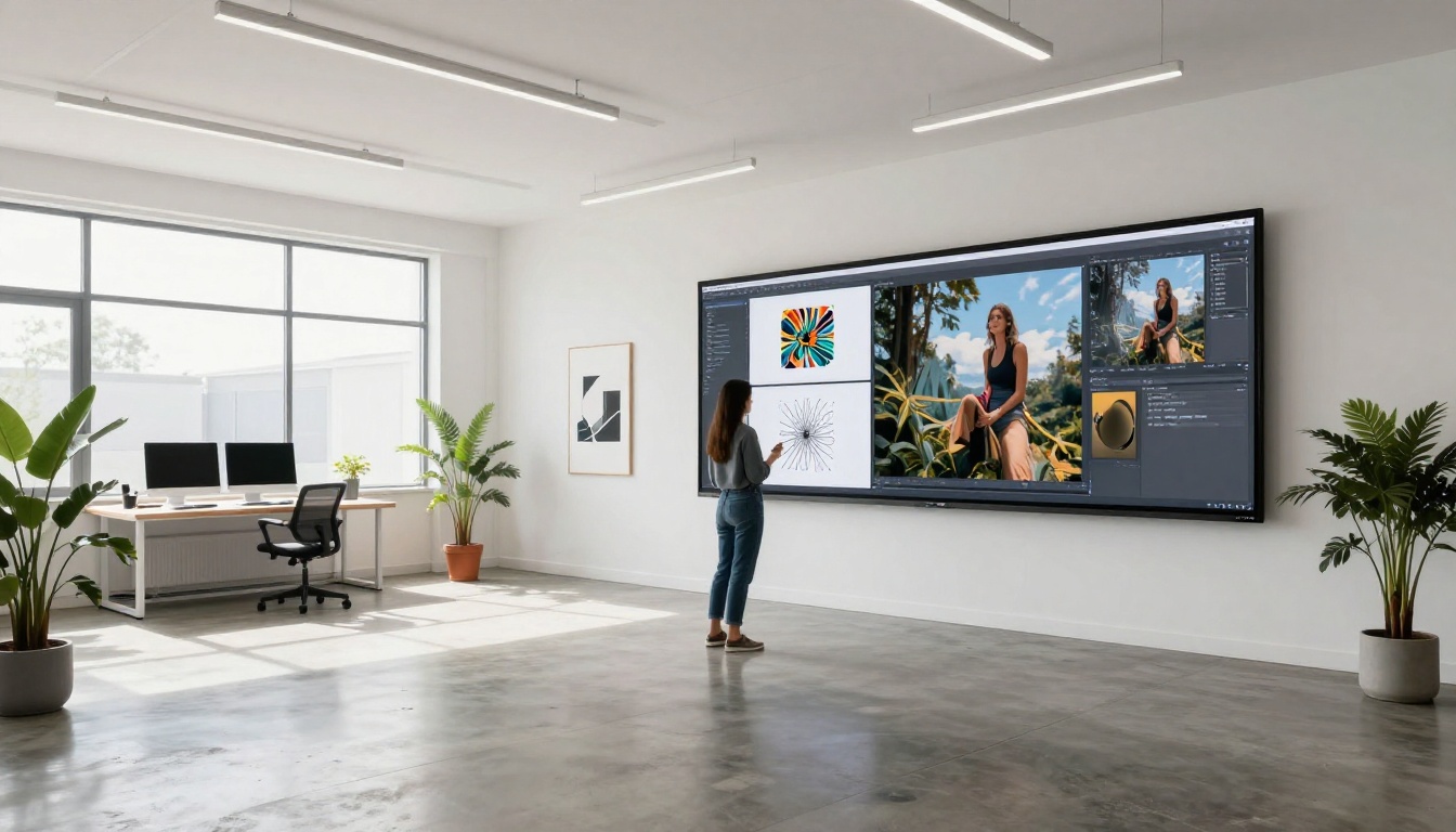 Creative studio with AI-generated artwork displayed on large screen