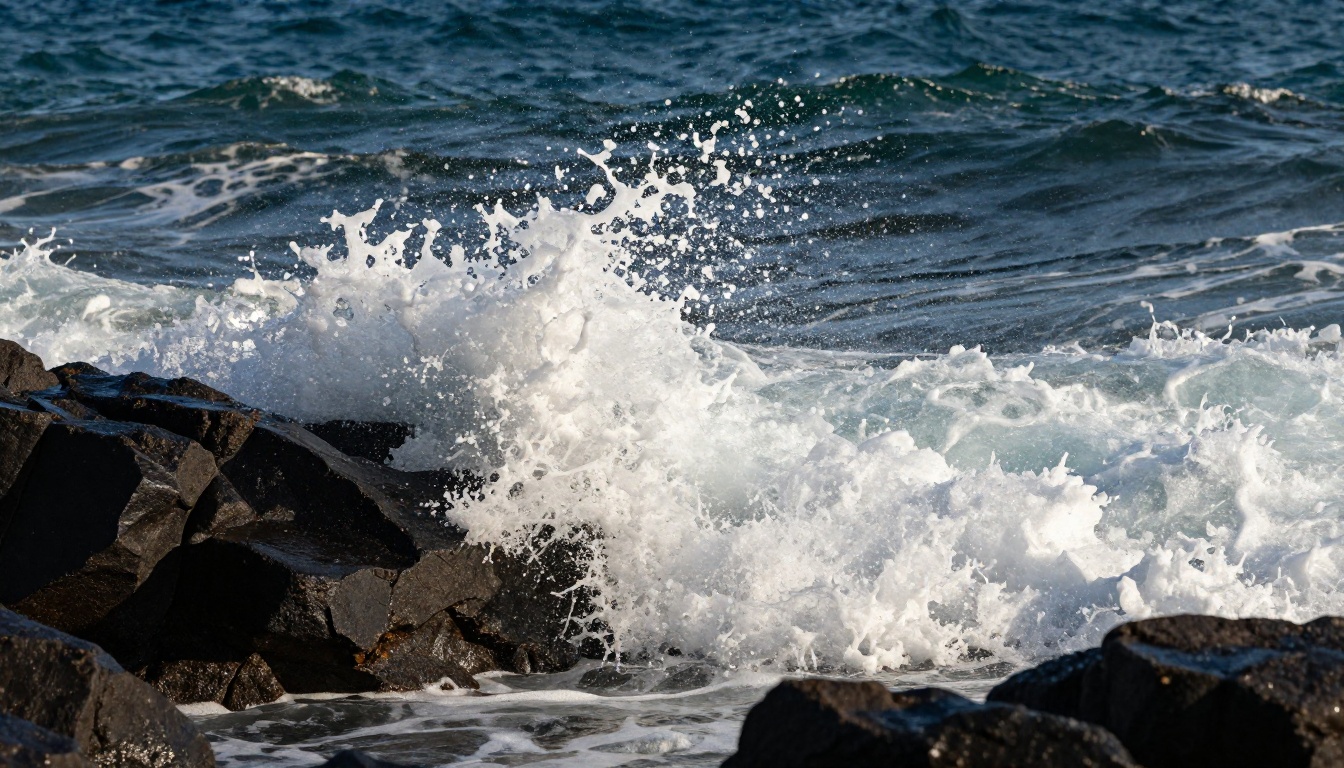 Close-up of ocean waves crashing against dark basalt rocks with frozen water spray