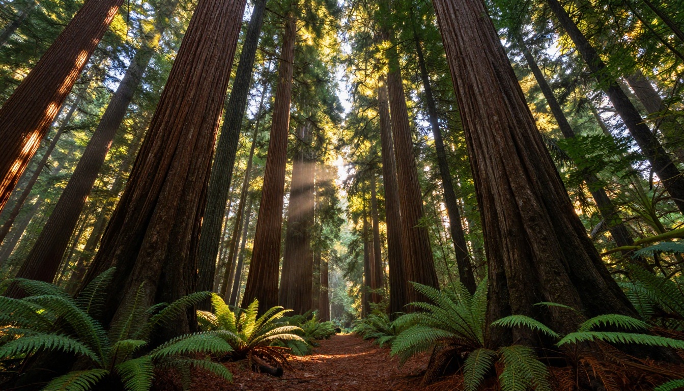 Low-angle shot looking up through towering redwood trees with volumetric morning light
