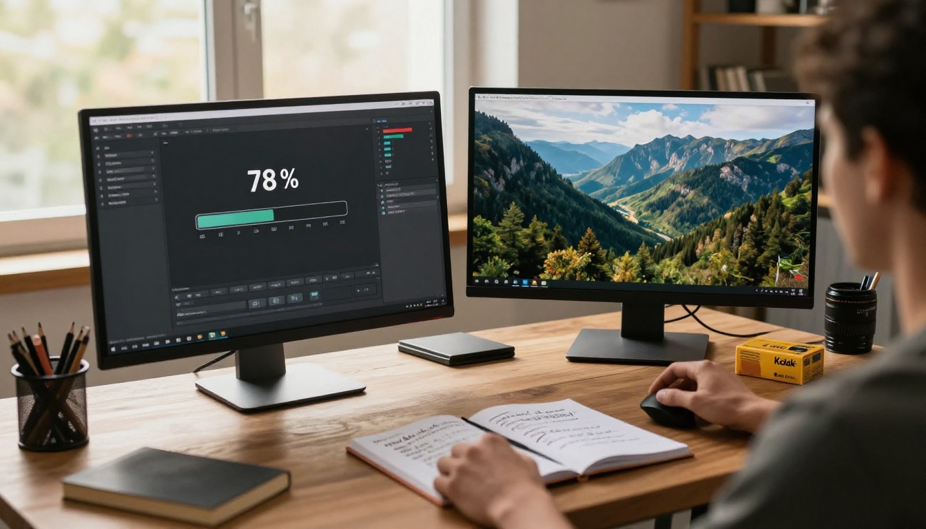 Behind-the-shoulder view of a creative workspace with dual monitors showing video generation progress