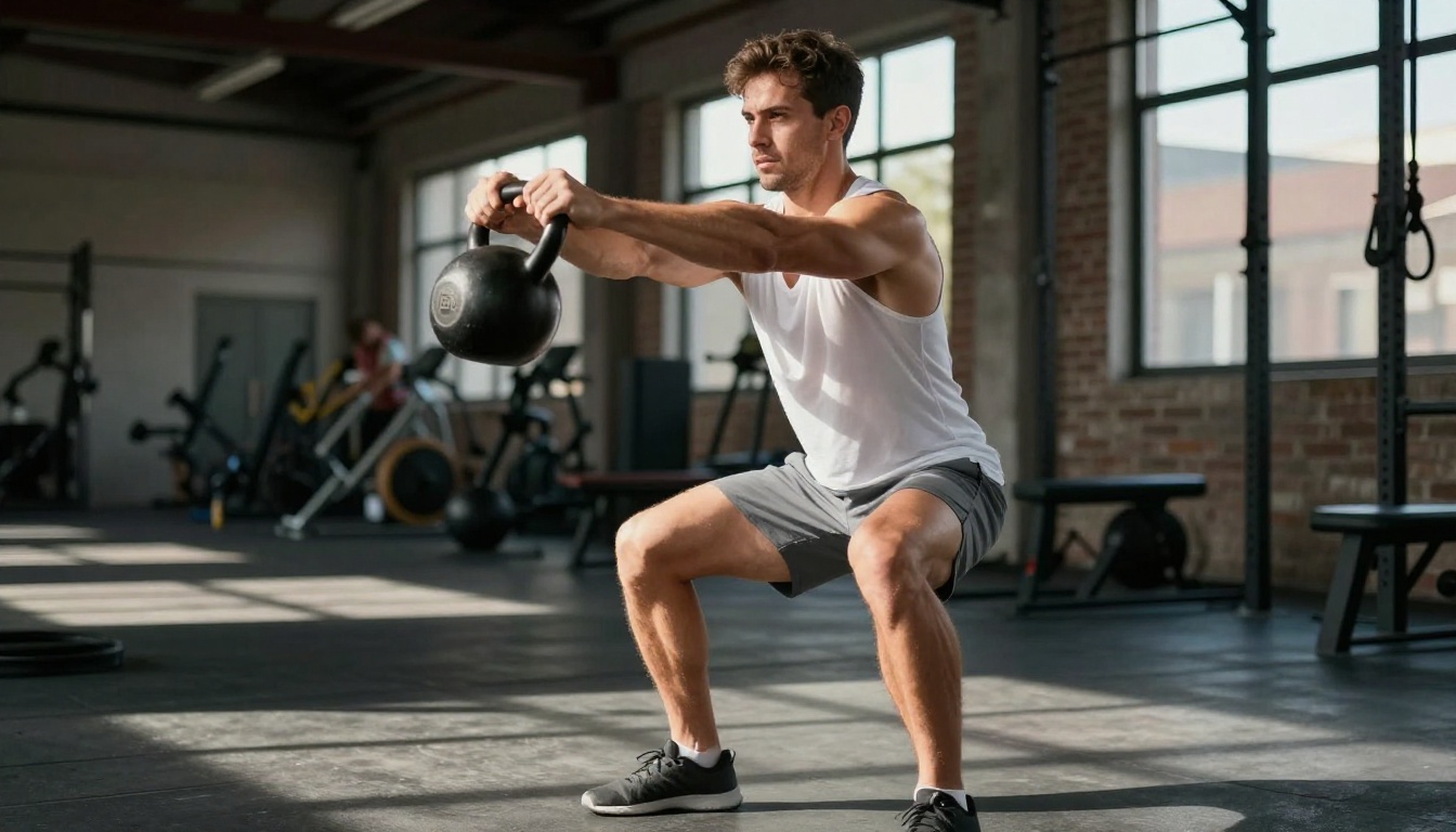 Male fitness influencer kettlebell swing in gym