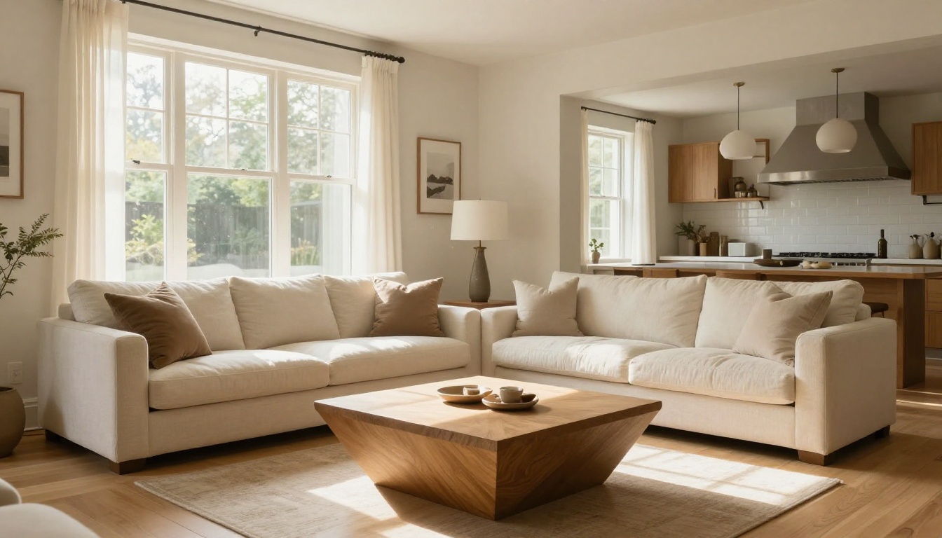 Professionally staged AI-enhanced luxury living room with white oak flooring and natural afternoon light Professionally staged AI-enhanced luxury living room with white oak flooring and natural afternoon light