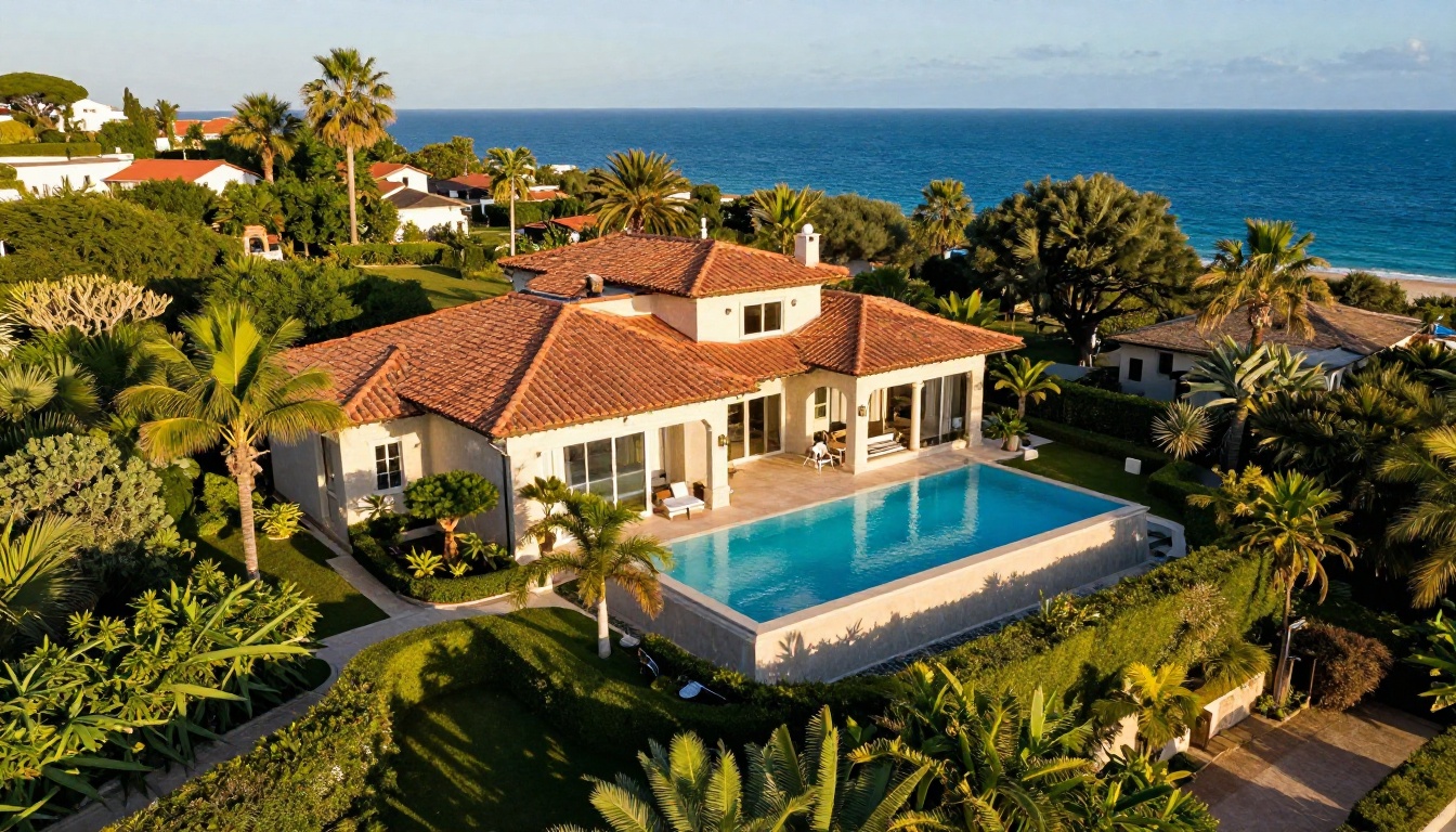 Aerial drone photograph of luxury Mediterranean villa with infinity pool extending toward ocean horizon Aerial drone photograph of luxury Mediterranean villa with infinity pool extending toward ocean horizon