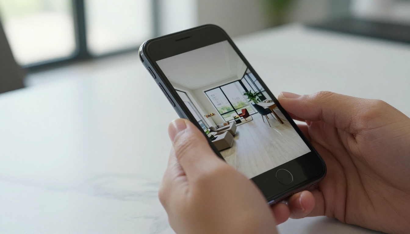 Real estate professional reviewing AI-enhanced property photos on a smartphone at a marble desk Real estate professional reviewing AI-enhanced property photos on a smartphone at a marble desk
