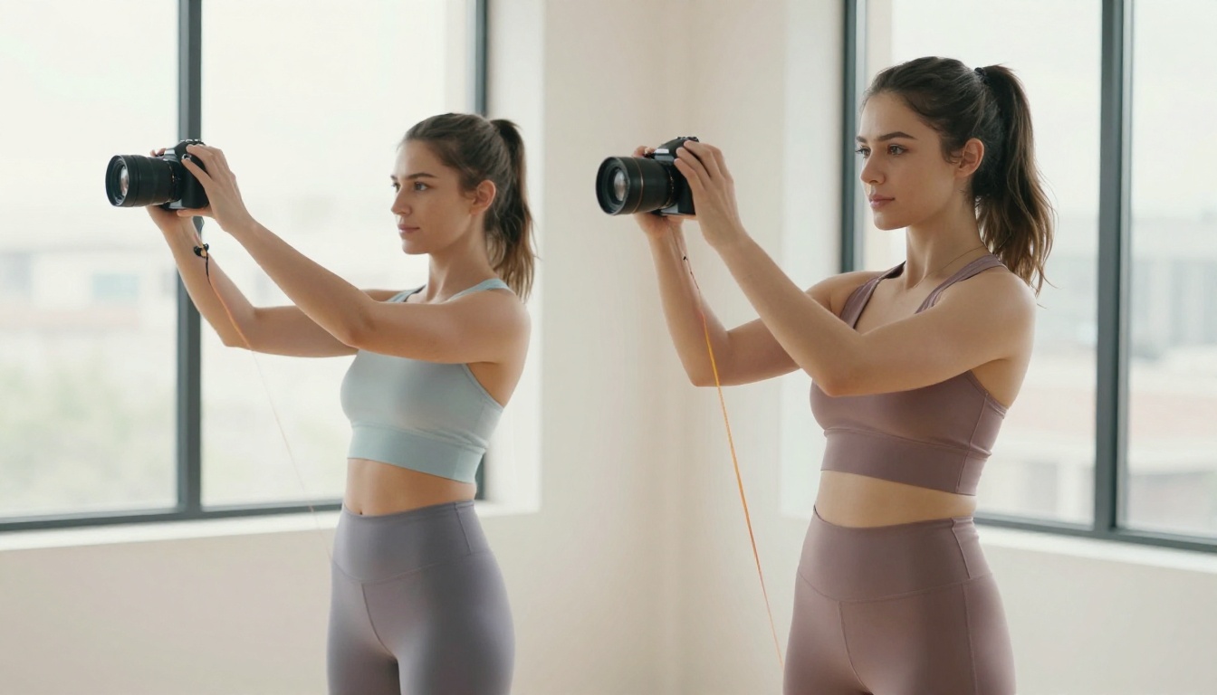 Two female fitness creators collaborating in bright studio