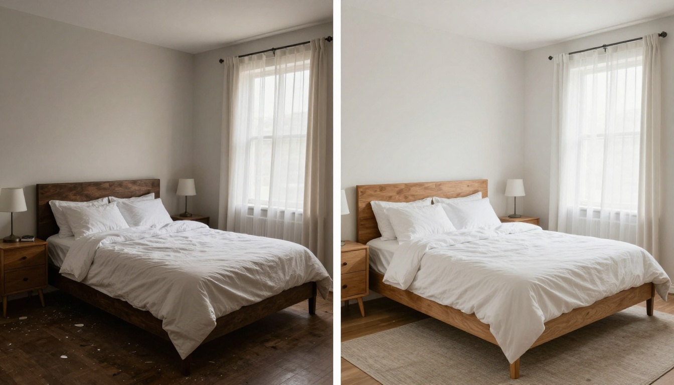 AI virtual staging before and after comparison of a real estate bedroom with modern furniture and natural light AI virtual staging before and after comparison of a real estate bedroom with modern furniture and natural light