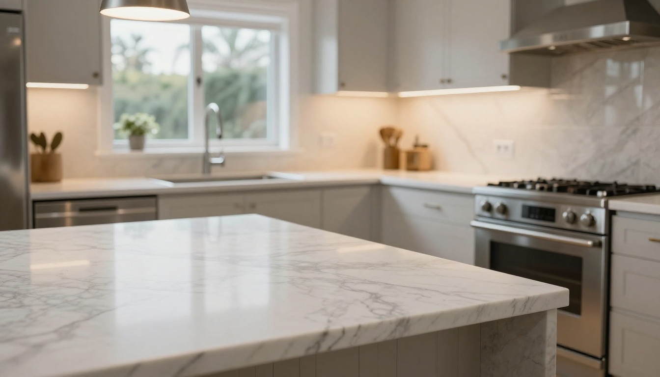 Modern kitchen interior with white Carrara marble countertops, pendant lighting, and a garden view through the window Modern kitchen interior with white Carrara marble countertops, pendant lighting, and a garden view through the window