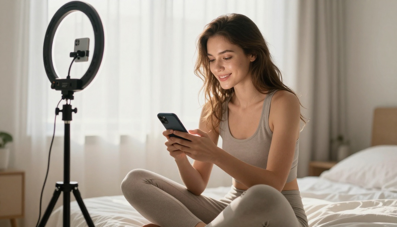 Fitness influencer reviewing content on phone morning light