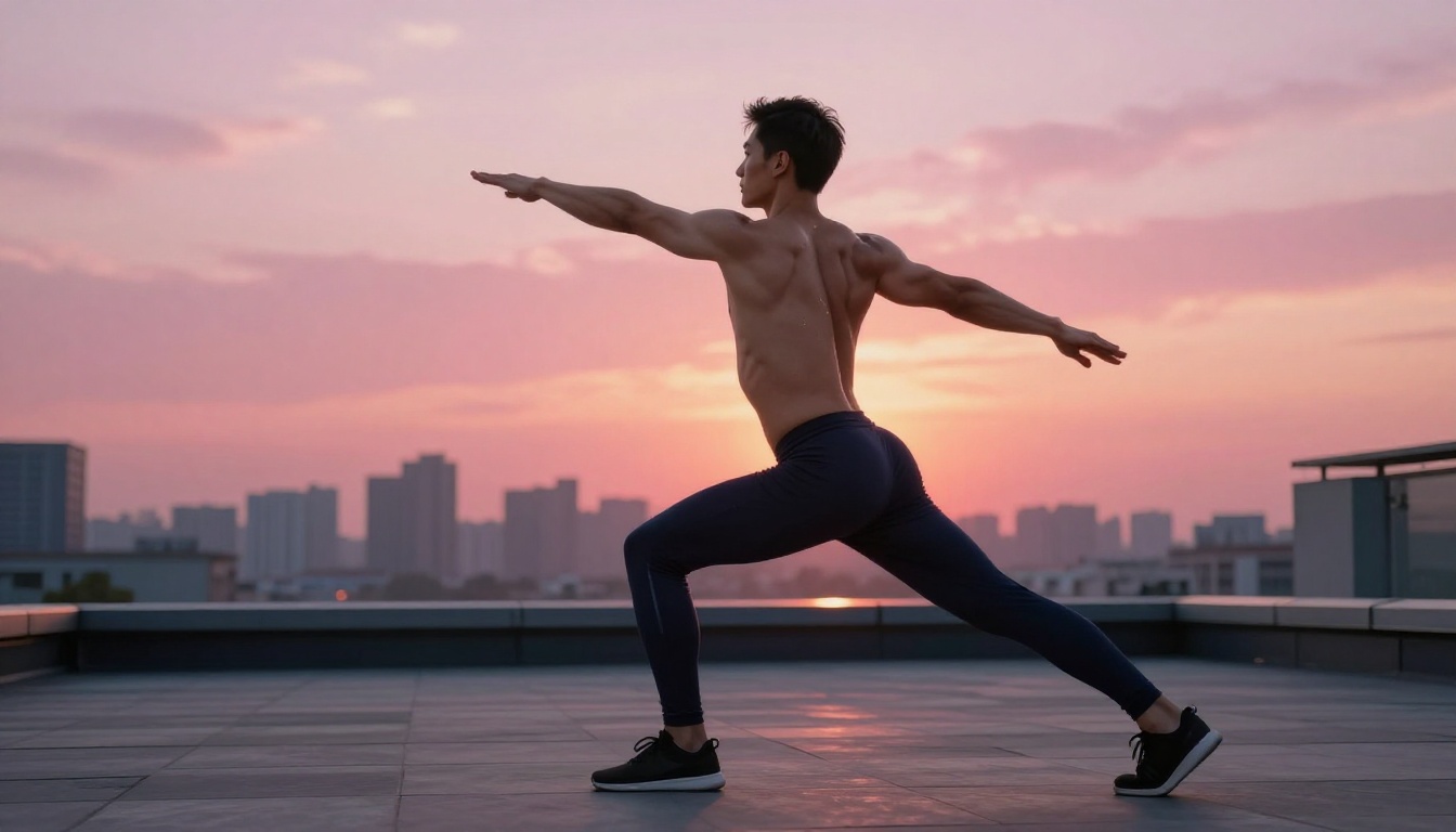 Athlete rooftop sunrise stretch city skyline morning