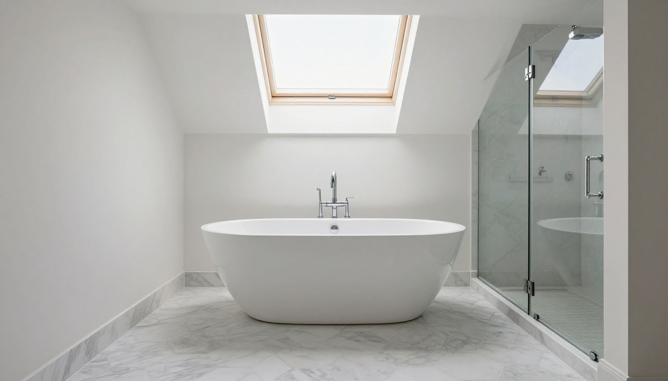Luxury master bathroom with freestanding soaking tub under a skylight and hexagonal marble floor tiles