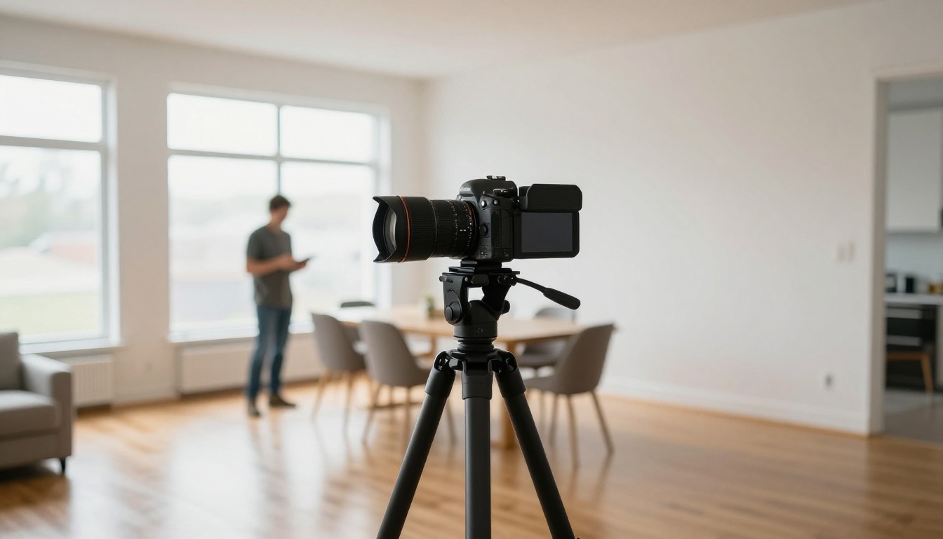 Professional real estate photographer setting up a camera on a tripod in a modern dining room with natural window light