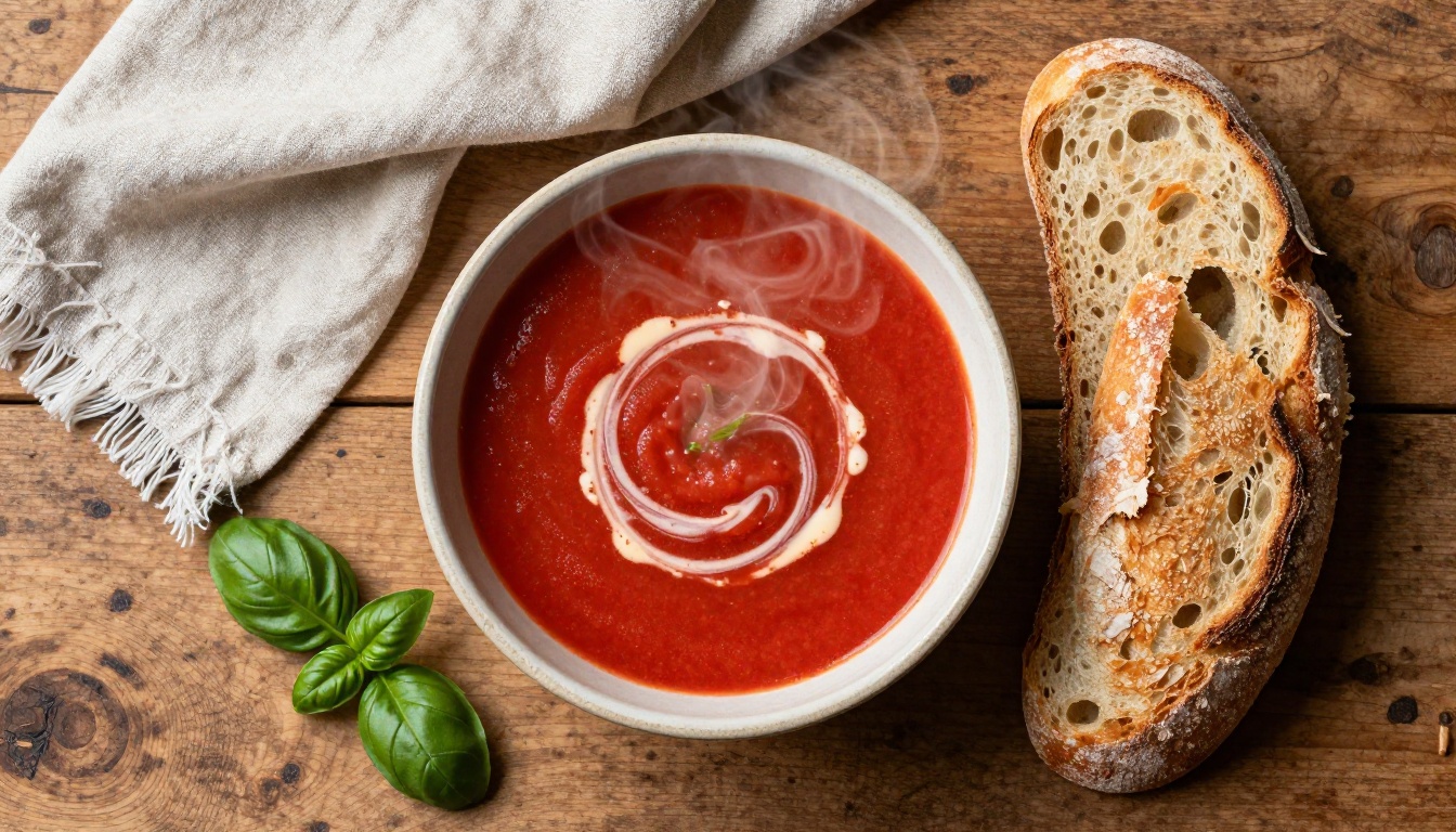 Aerial flat-lay of a professional food photography scene with rustic ceramic bowl of tomato soup beside sourdough bread on a worn oak farmhouse table