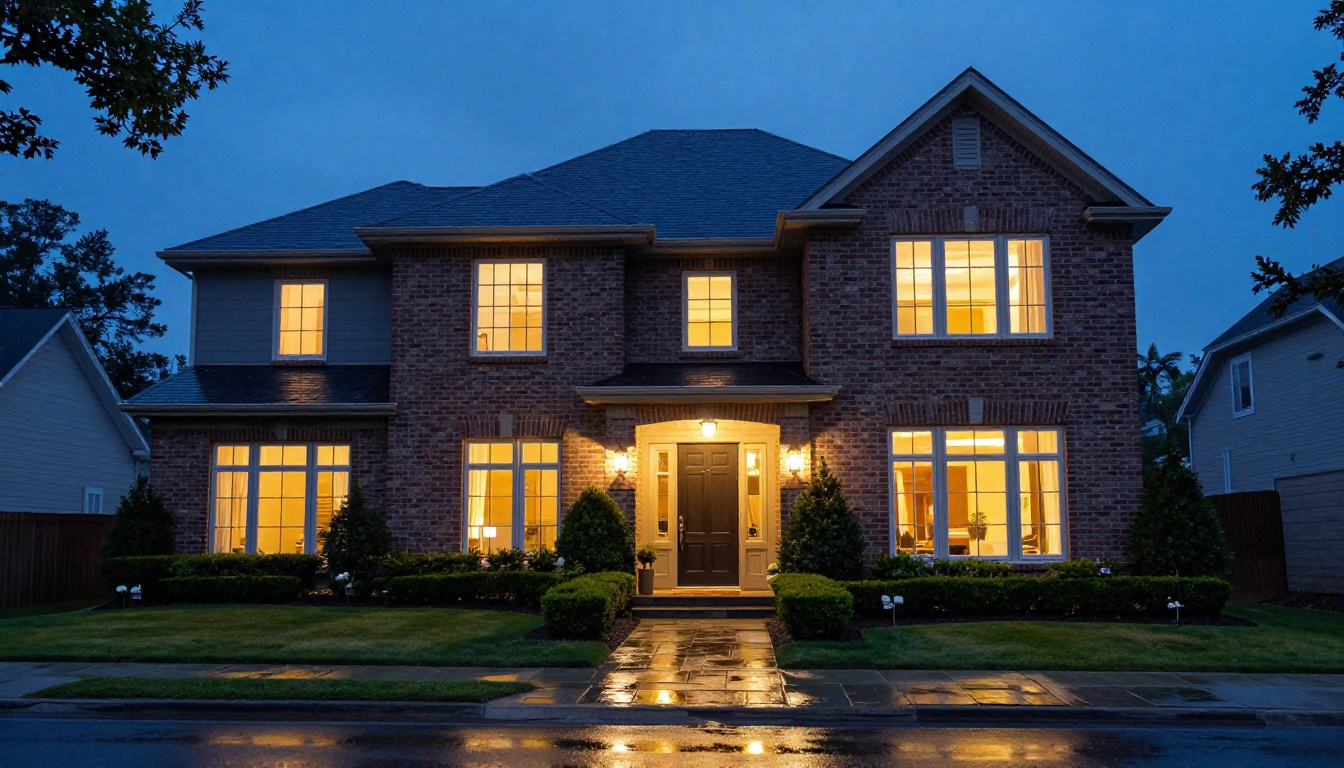 Twilight blue-hour exterior of an upscale suburban home with warm amber interior lights glowing through large windows