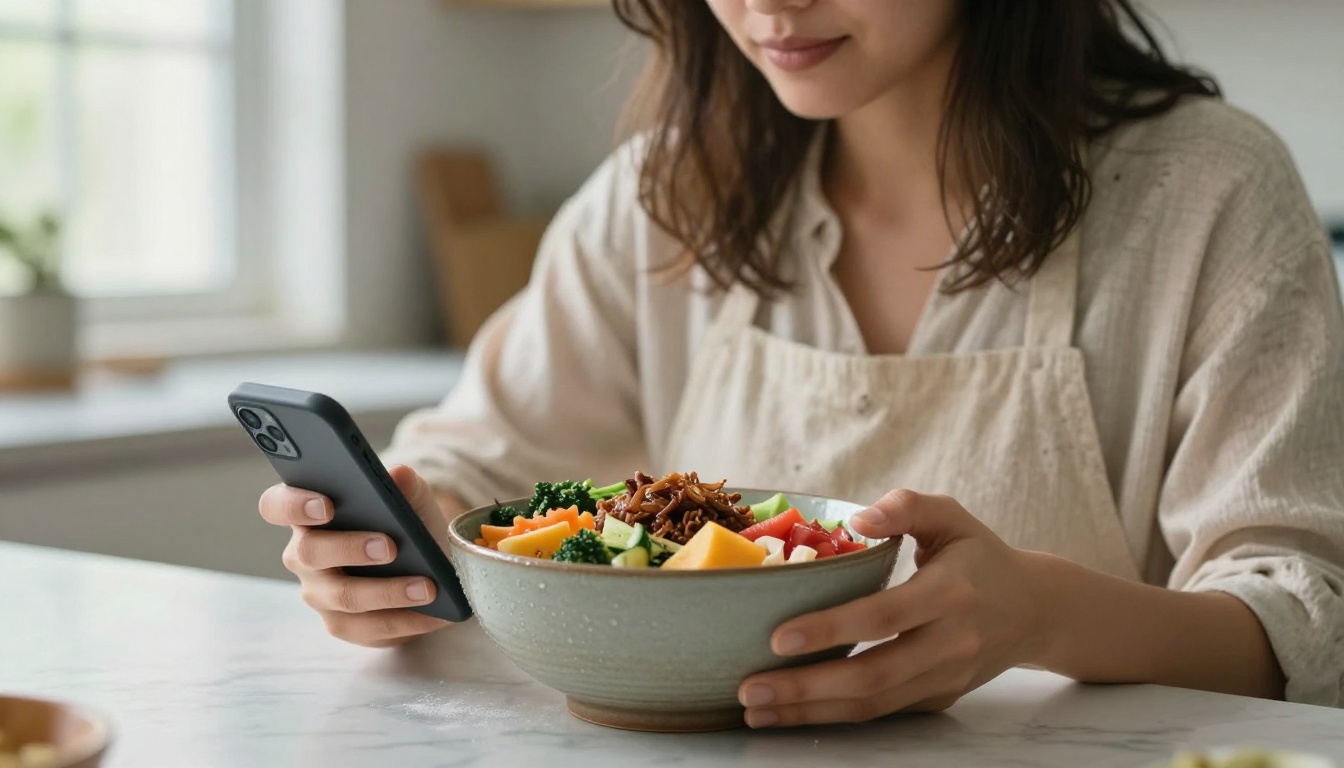 Young woman food blogger holding a smartphone to photograph a colorful poke bowl on a white marble counter