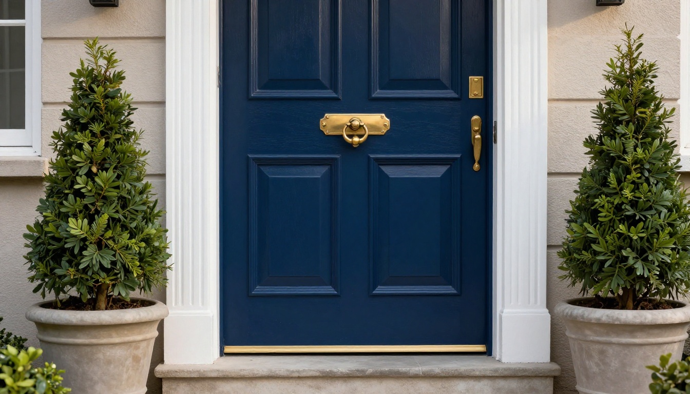 Close-up of a luxury home's navy blue front door with polished brass hardware and potted topiary trees on stone steps