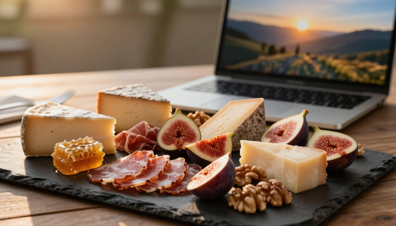 Styled charcuterie board with aged cheeses and cured meats on dark slate, a laptop glowing softly in the background