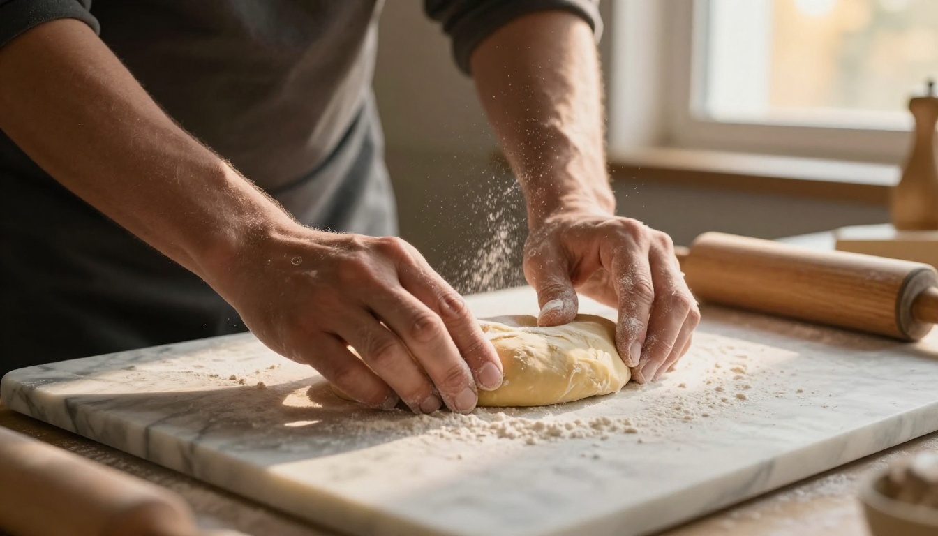 Two hands kneading fresh pasta dough on a marble pastry board, flour particles suspended in amber afternoon light