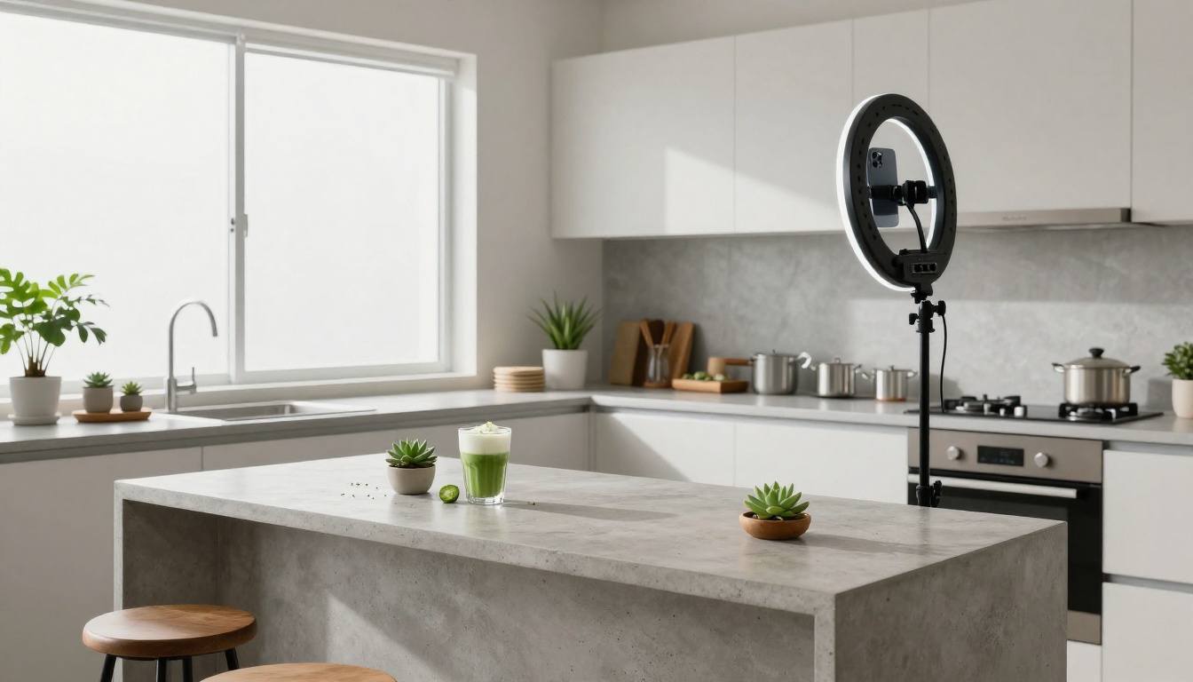 Bright minimalist home kitchen studio with ring light and tripod aimed at a styled matcha latte on grey concrete