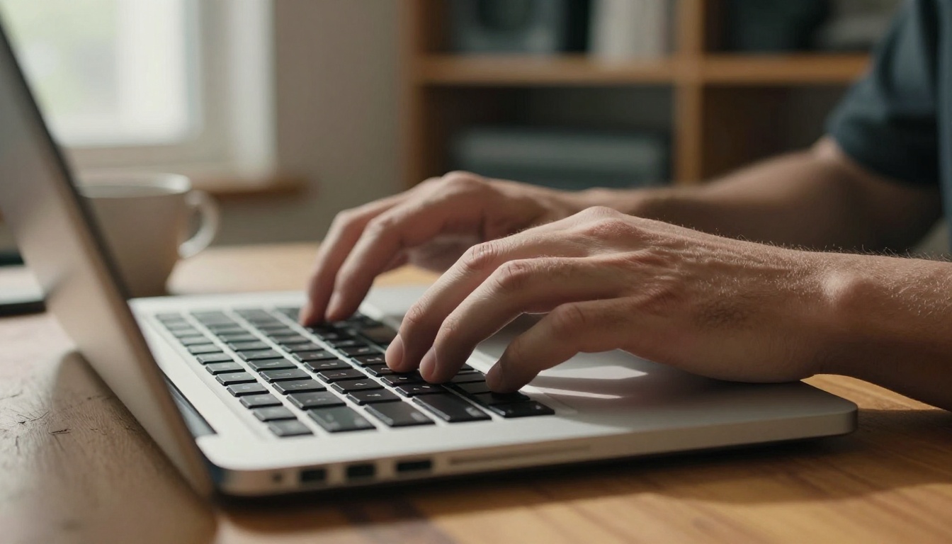 Musician's hands on a laptop keyboard in a warm home studio
